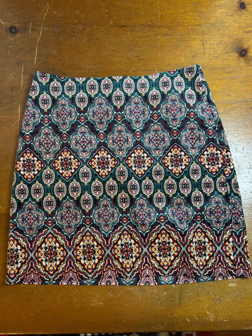 LOFT Medallion Print Mini Skirt Teal Boho Cotton Modal Lined Women’s Size 8